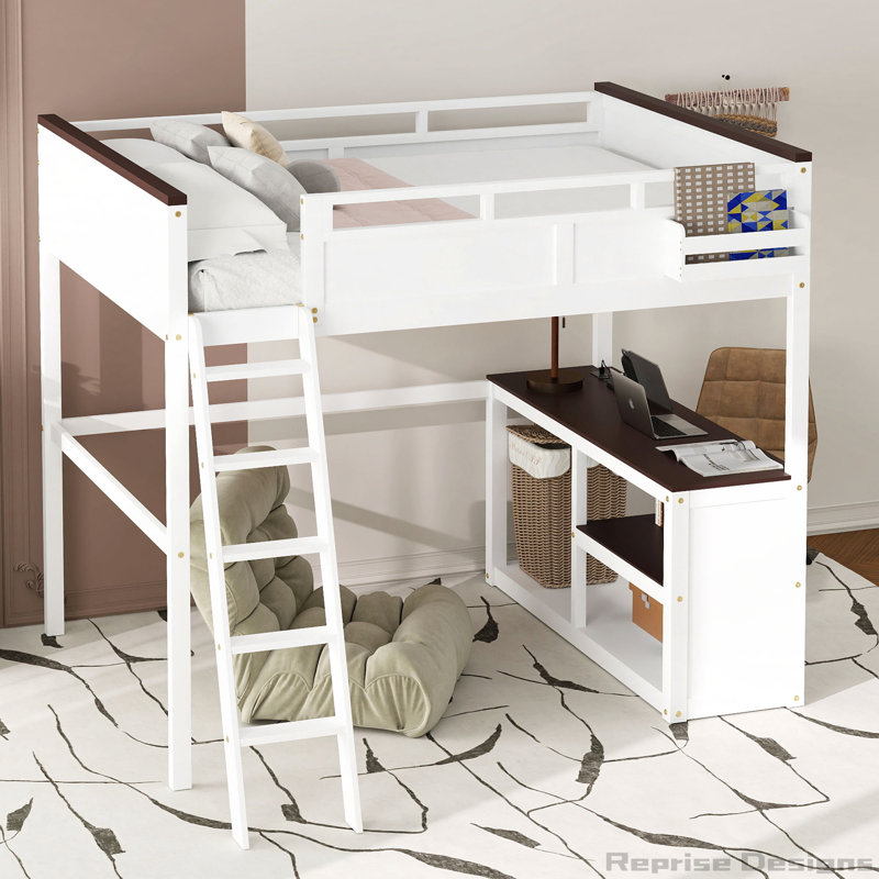 Lit mezzanine avec bureau, tablette ouverte et boîte de rangement, station de charge USB