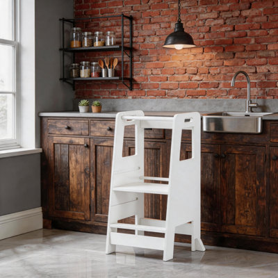 Wooden Kitchen Step Stool For Kids - Toddler Learning Tower With Adjustable Footrest