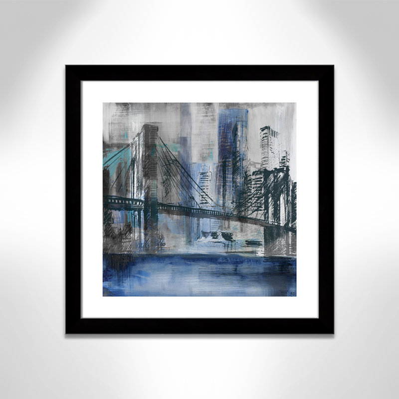 Pont de Brooklyn - peinture encadrée, Cadre noir, H 25 po x l 25 po x P 1,25 po