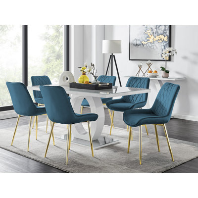 Scottsmoor Modern High Gloss Halo 6 Seater Dining Table Set with Luxury Velvet Dining Chairs