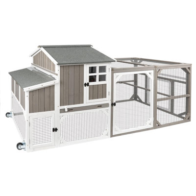 95" Large Chicken Coop Mobile Wooden Hen House with Nesting Box,Outdoor Chicken House with Wheels and Removable Tray,Fir Wood Chicken Tractor with 6 Ventilation Door and Ramp