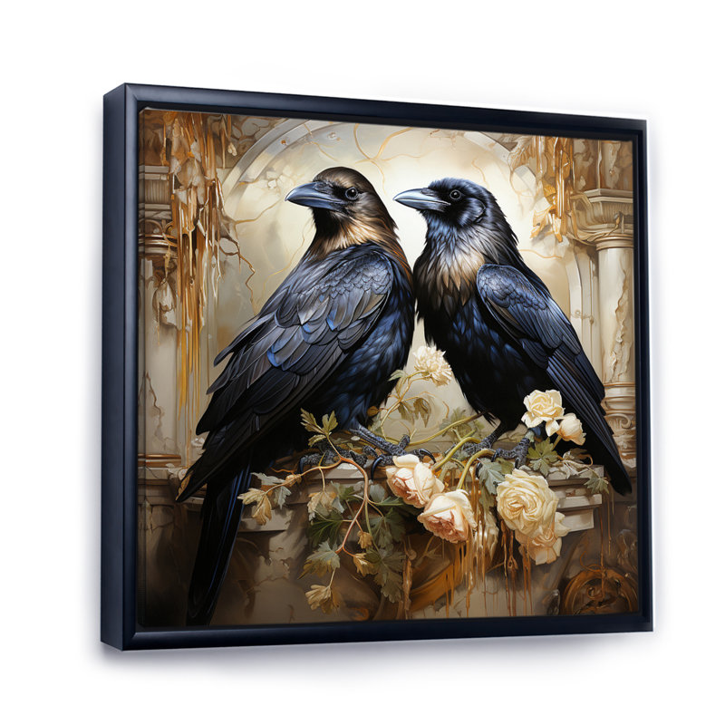 Bhopal Crow Golden Elegance - Imprimé, H 30 po x l 30 po x P 1 po, Cadre flottant noir