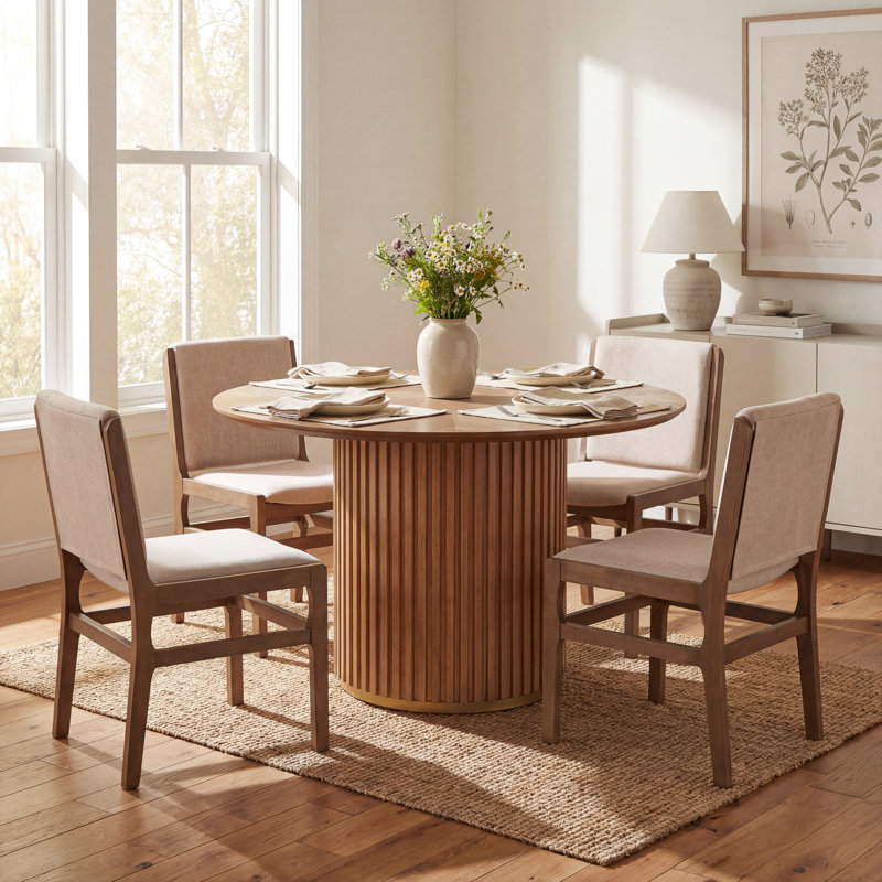 Alagie Mid-Century Modern 5-Piece Dining Table Set With Upholstered Chairs & Pedestal Base, Light Ash, Walnut