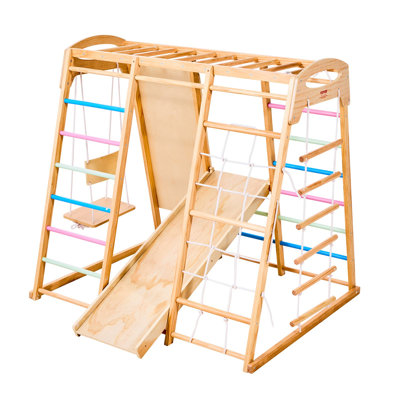 Aire de jeu intérieure Jungle Gym, aire de jeu intérieure en bois 7-en-1 pour enfants, ensemble de jeu d'escalade Montessori 250LBS avec balançoire, barre à singes, glissoire, échelle en bois, échelle en corde, filet d'escalade et pierre