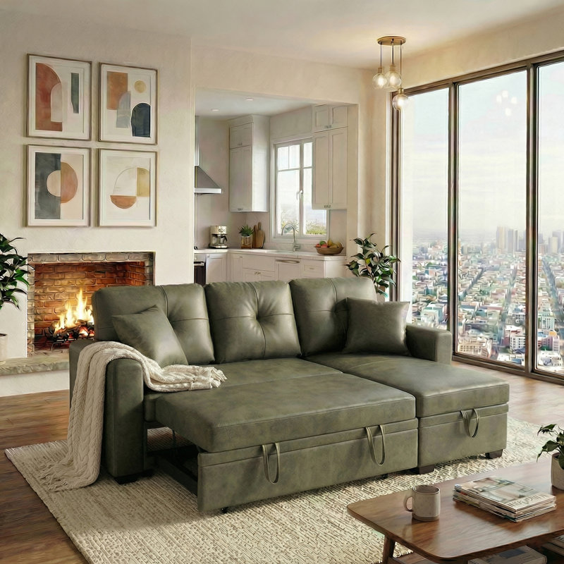 Canapé-lit, canapé modulaire avec lit escamotable, méridienne réversible, canapé modulaire avec rangement, tissu respirant vert olive, solution pour petit espace, canapé-lit convertible, mobilier de salon, canapé en L