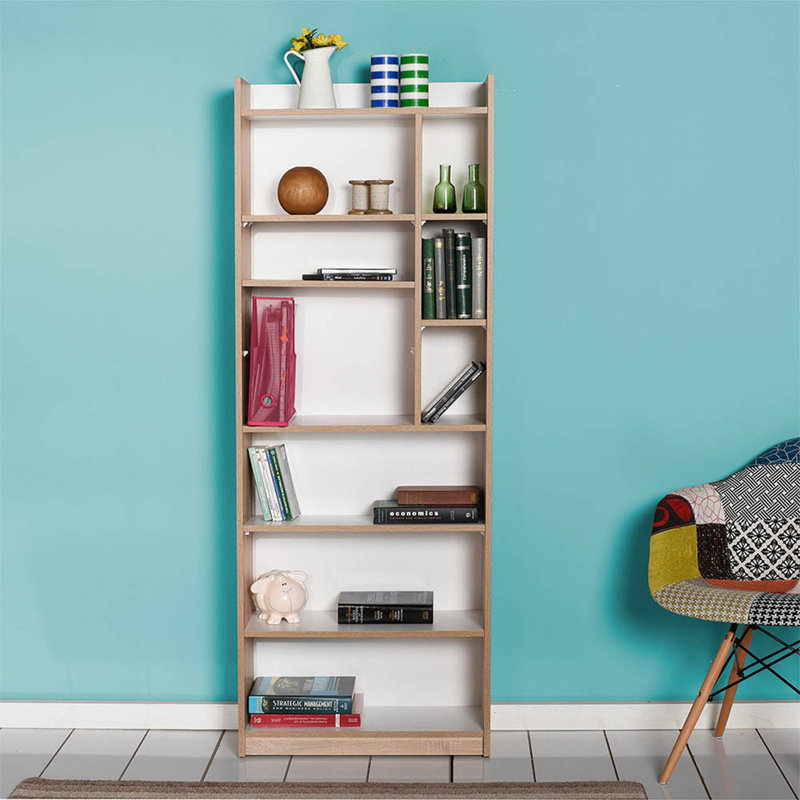 Bibliothèque moderne avec de nombreuses tablettes, finition Sonomo et blanche, 24,8 po x 69,3 po x 10,2 po | 100% panneau de particules enduit de mélamine, épaisseur: 0,6 pouce | Conception murale, élégante et fonctionnelle pour la maison ou le bureau