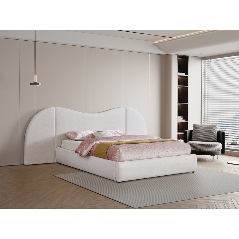 Hyrup Upholstered Panel Bed, King, Cream Linen Textured Fabric