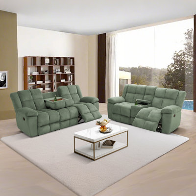 2-Piece Manual Reclining Sofa Set With Cup Holders & Coffee Table – Plush Corduroy