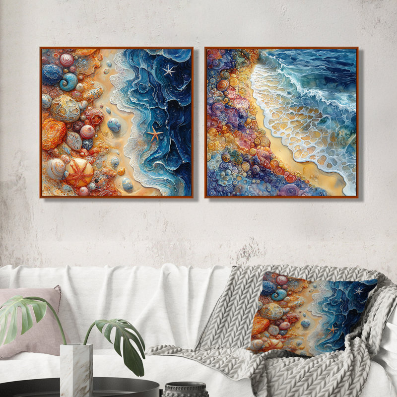 Bleu et orange, coquillages, vue aérienne I - art mural coquillages - ensemble d'art mural traditionnel 2 pièces, Brun
