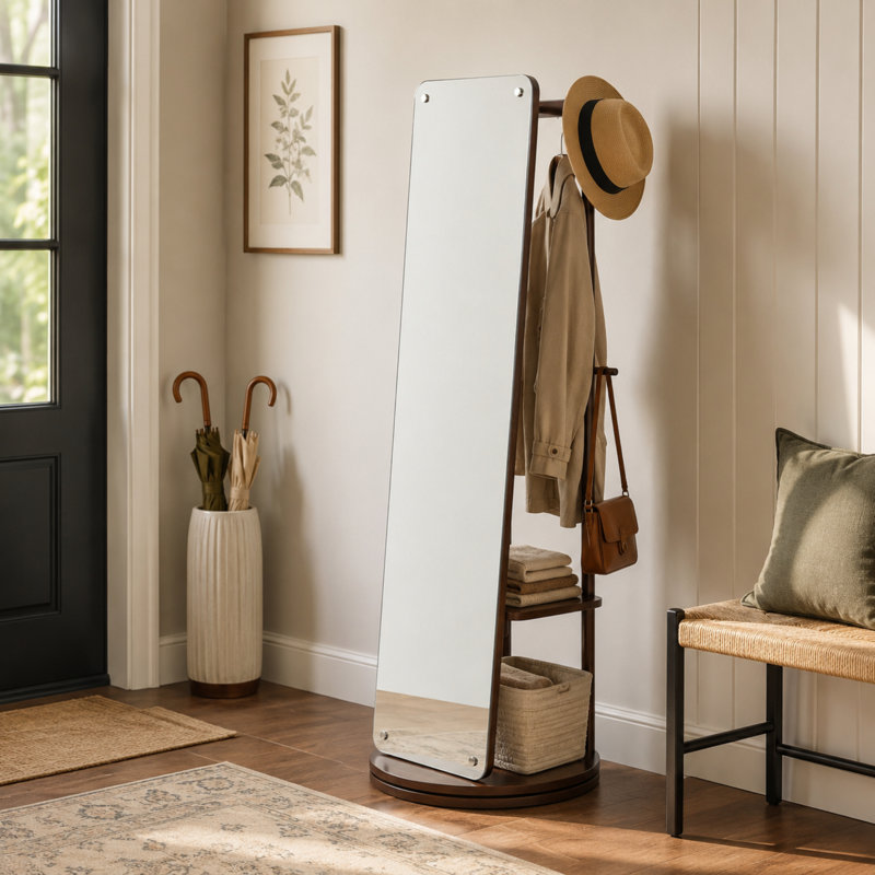 Miroir autoportant pivotant sur 360 degrés en bois d'hévéa noyer avec portemanteau pour chambre à coucher