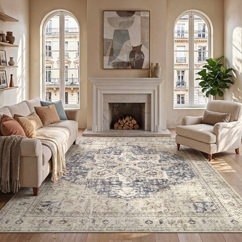     Adona Soft Washable Medallion Vintage Floral Area Rug for Living Room Bedroom Dining Room Lobby, Beige;Navy