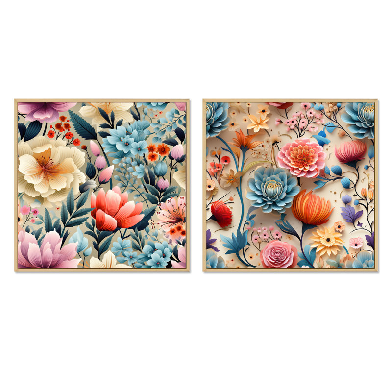 Cassandre - Ensemble de 2 collages carrés floraux, Cadre flottant brun, H 36 po x l 73 po