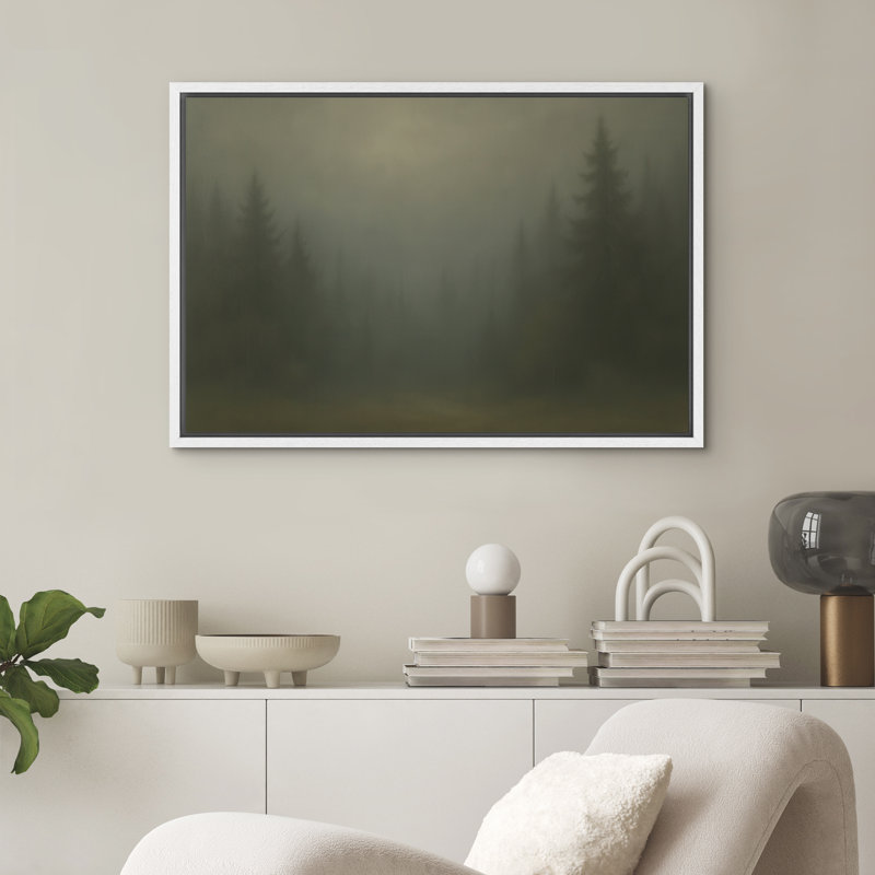 «Foggy Pine Forest», art mural sur toile - paysage vert foncé pour bureau ou chalet, H 16 po x l 24 po, Blanc