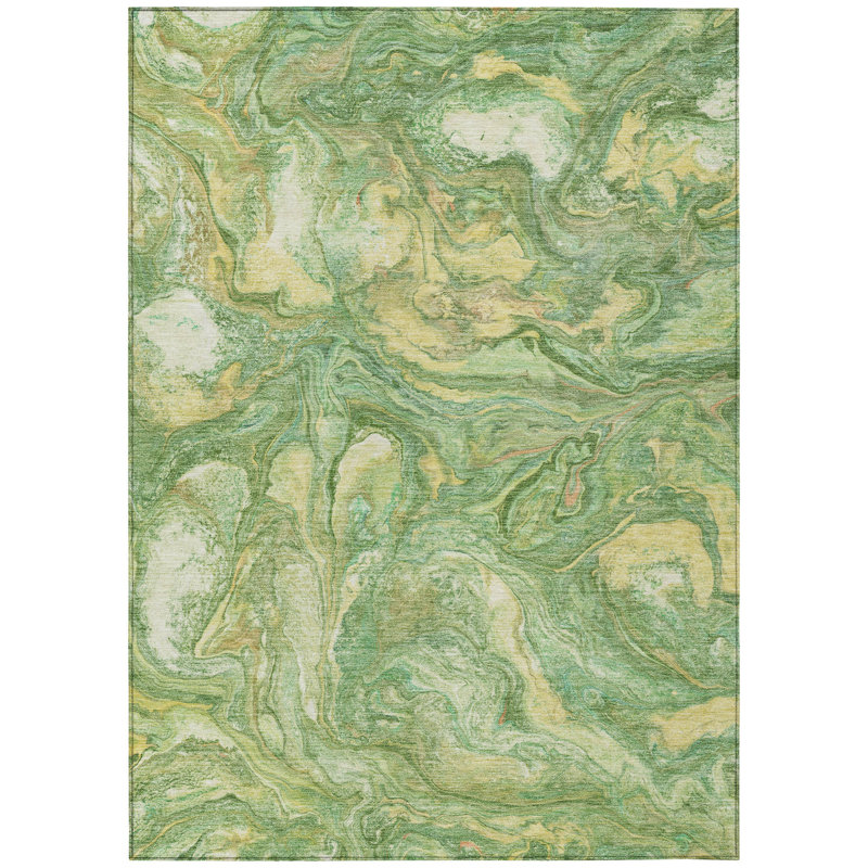 Machine Washable Indoor/Outdoor Xhevrie Green Rug, Rectangle 3' x 5'