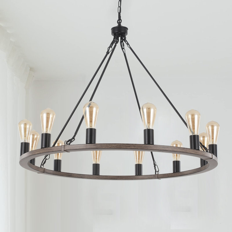Hatsumi 12 - Light Dimmable Wagon Wheel Chandelier, Black/Bronze, 88.58" H x 35.43" W