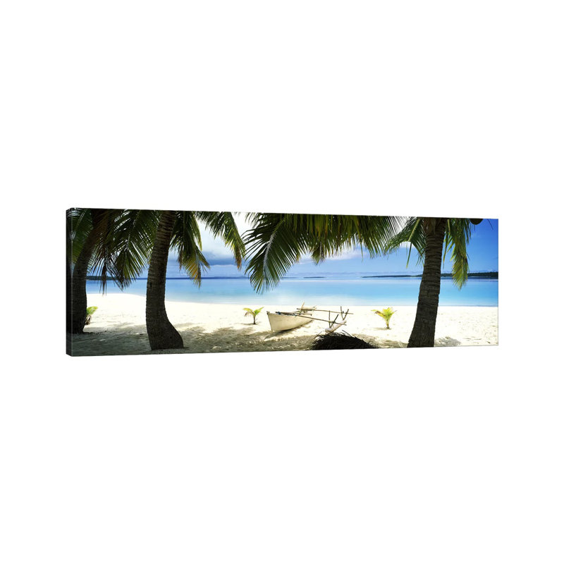 Traditional Polynesian Outrigger On A Beach, Aitutaki, Cook Islands - Wrapped Canvas Panoramic Print