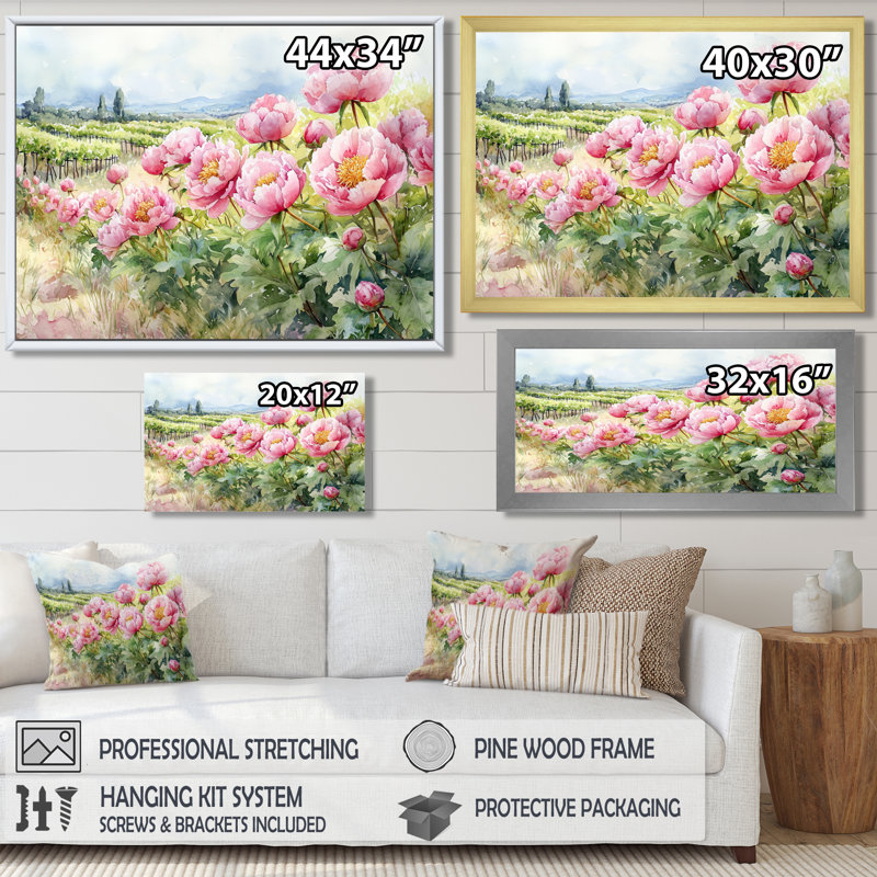 Ivoire, pivoines le long du vignoble II - pivoines, art mural, H 12 po x l 20 po, Impression encadrée flottante, Crème, crème