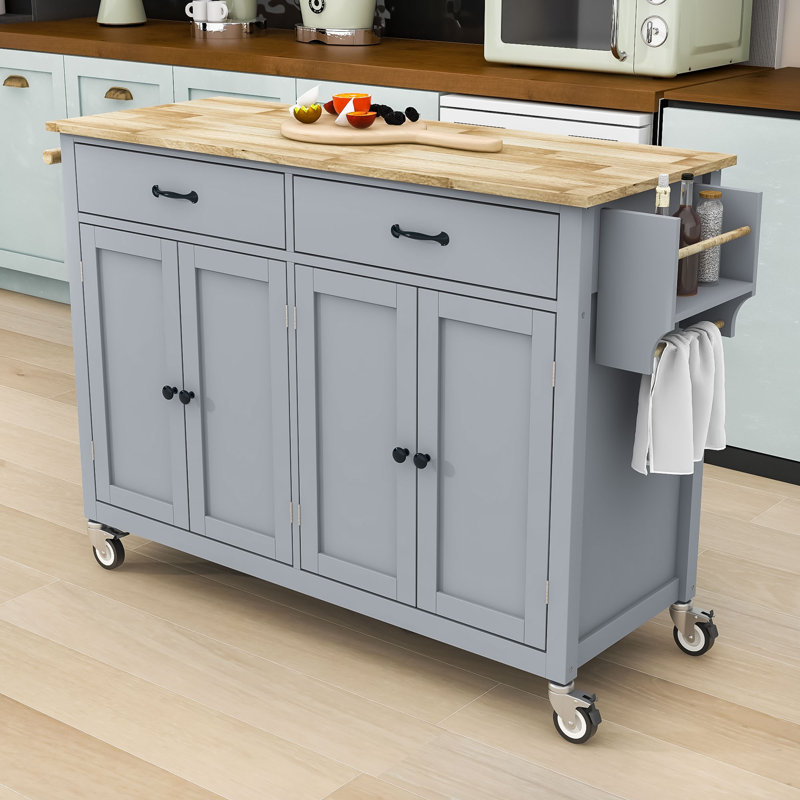 Kitchen Island Cart with Solid Wood Top, Adjustable Shelves and Cabinet, Grey Blue