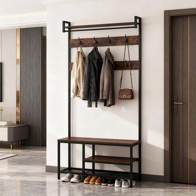 Portemanteau avec banc et rangement pour chaussures, rangement pour hall d'entrée en métal 5 en 1 avec 16 crochets et tablette à 2 niveaux, portemanteau industriel autoportant 71 po pour vestibule, couloir, chambre à coucher (brun rustique)