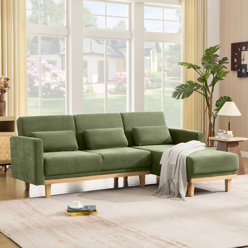 86.61" W Reversible L-Shaped Chenille Sectional, Green Chenille