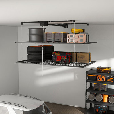 Support de rangement de garage à double couche au-dessus de 4 pi x 8 pi pour plafonds hauts de 10 à 12 pi, capacité en acier de 650 lb avec serrure, lisse, sécuritaire et silencieux (installation requise, organisateur de garage robuste)