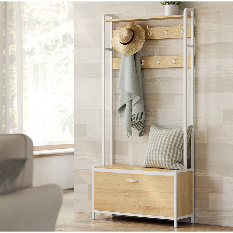 Hillhouse Hall Tree 33.4'' Wide with Bench and Shoe Storage, Brown/White