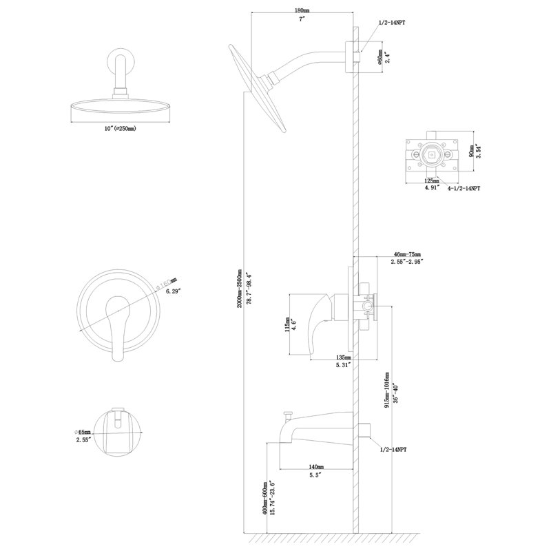 10" Round Rain Shower Head Systems With Waterfall Tub Spout, Matte Black,Wall Mounted Shower, Matte Black