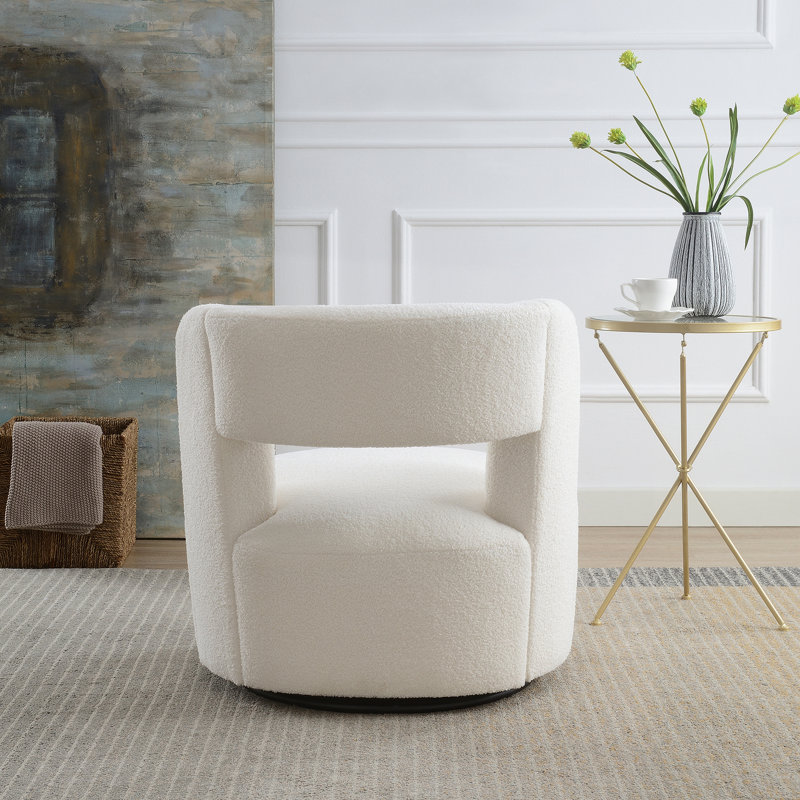 Fauteuil demi-tonneau pivotant avec tissu en peluche doux, fauteuil d'appoint rond, Crème, crème