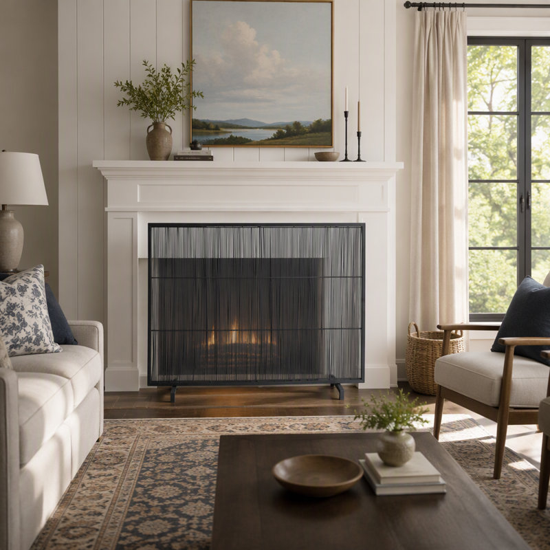 Pare-feu minimaliste en métal avec barres verticales pour une sécurité accrue et un style de décoration intérieure moderne