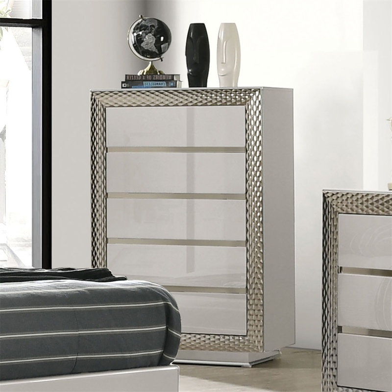 Meuble de chambre de style glam 1pc avec 5 tiroirs et socle en verre