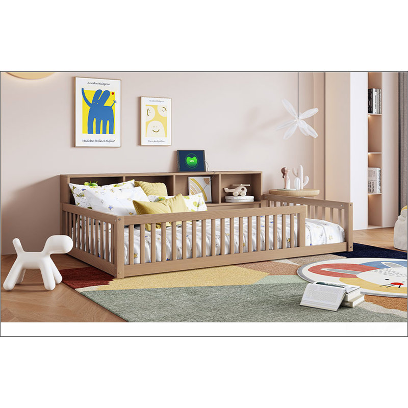 Lit simple en bois de taille très grand avec armoires de rangement spacieuses et ports USB pratiques, brun, Brun