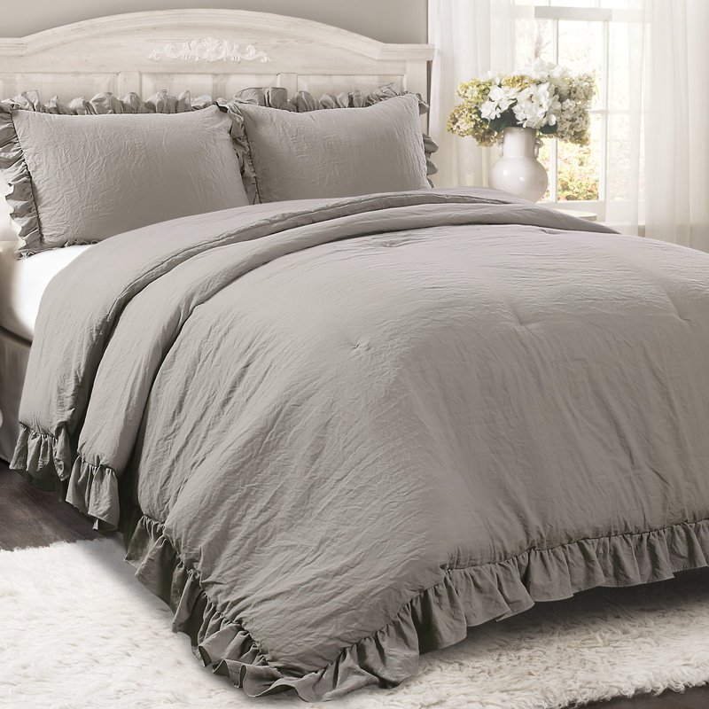 King Size Gray Microfiber Ruffled Comforter Set