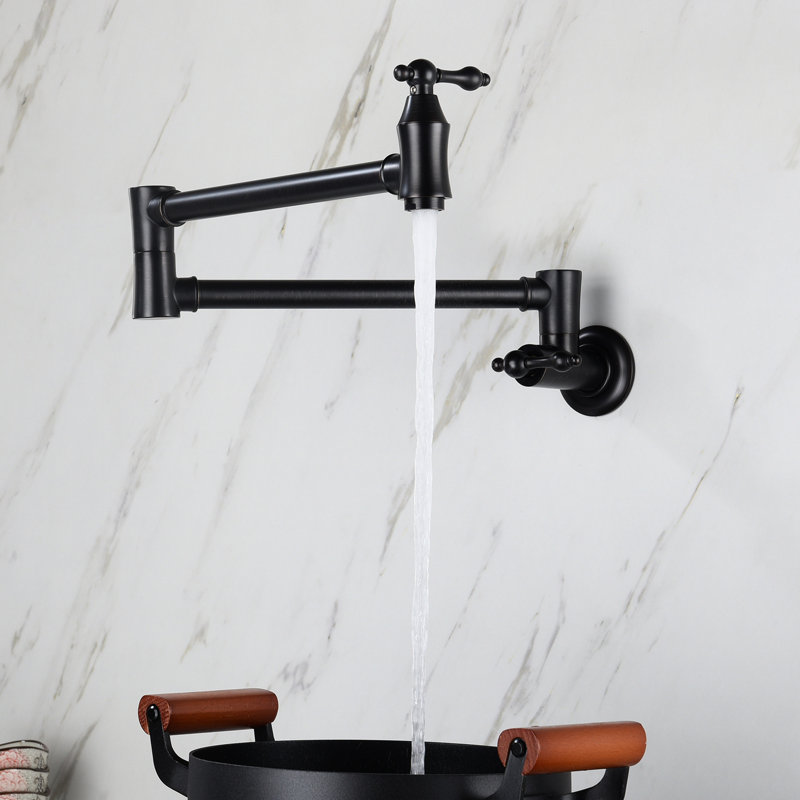 Wall Mount Folding Kitchen Pot Filler Faucet In Matte Black, 360 Rotation, Brass, Corrosion Coating, Double Handle Operation Foldable For Space Saving, Rotatable,