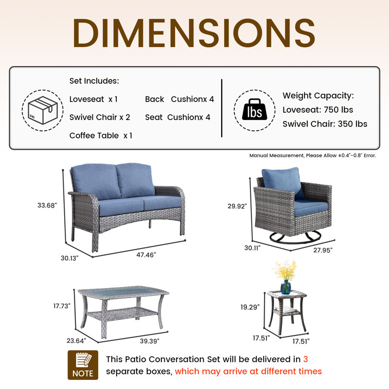 4 - Person Outdoor Seating Group With Cushions, Denim Blue