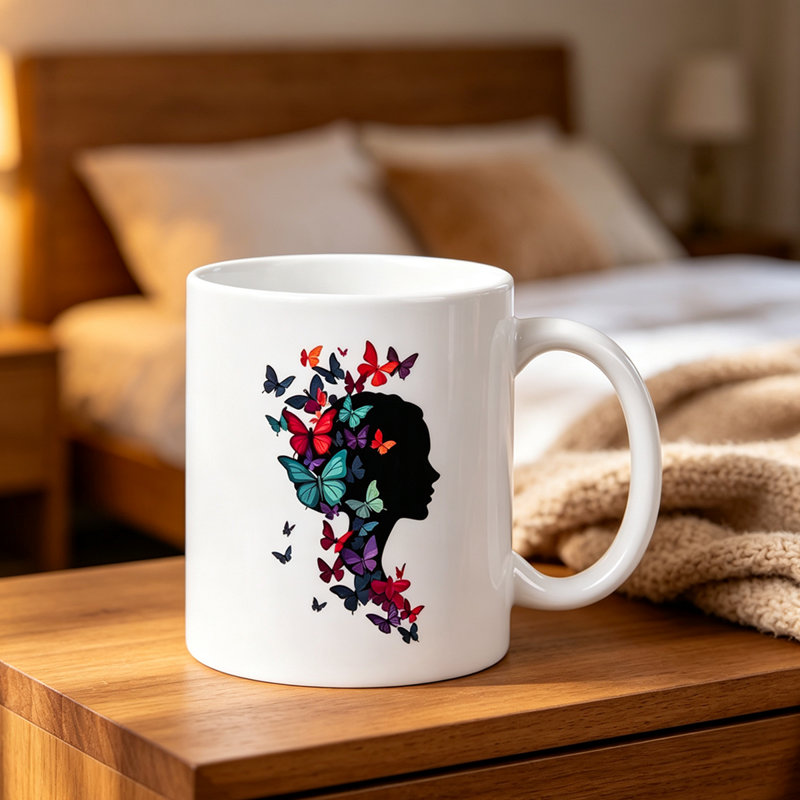 Brightly Colored Butterfly Design on a White Ceramic Mug - Ideal for Your Morning Coffee Or Tea Time.