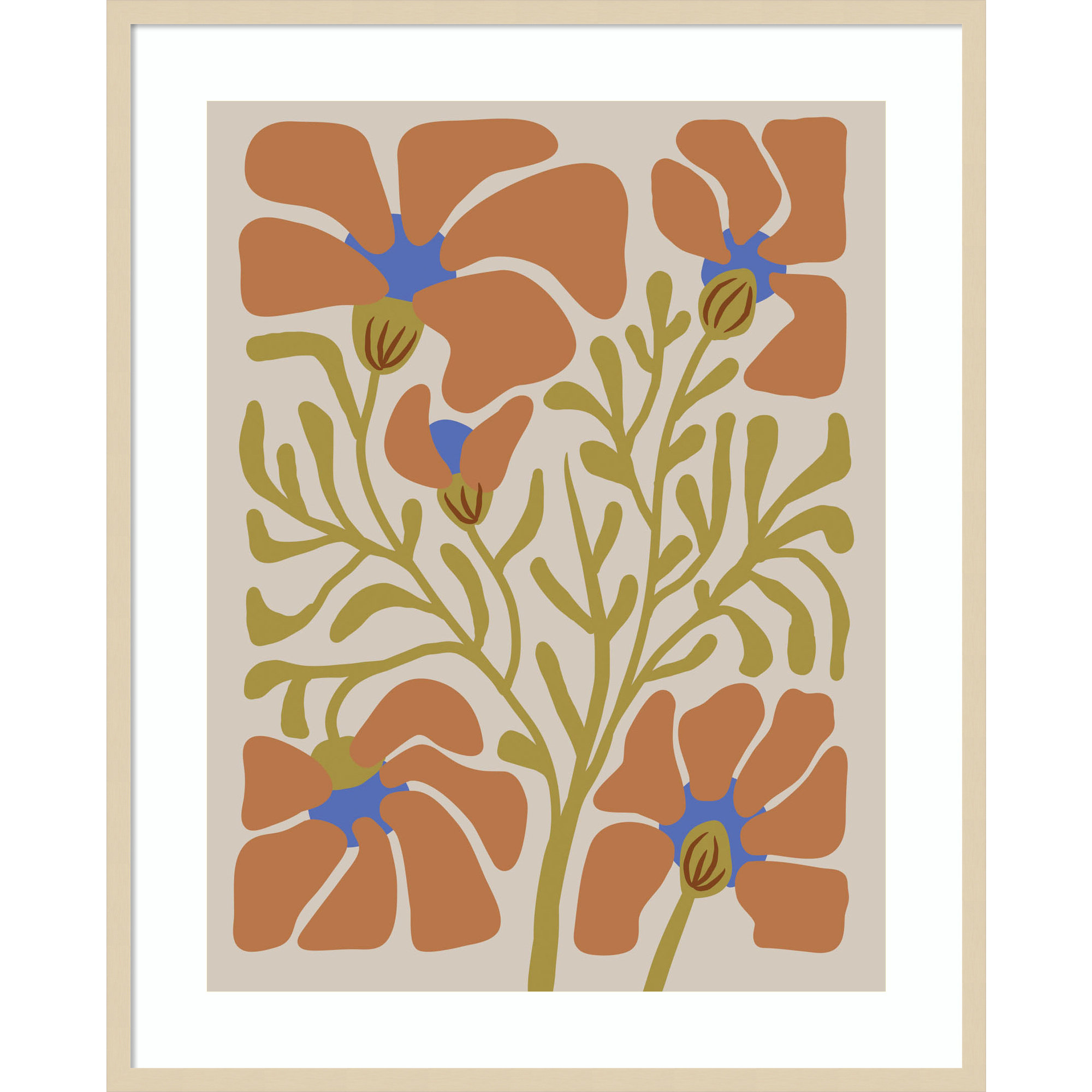 Expressive Abstract House Plant Orange On Tan Framed On Paper by The Creative Bunch Studio Print, 41" H x 33" W x 1" D, Brown