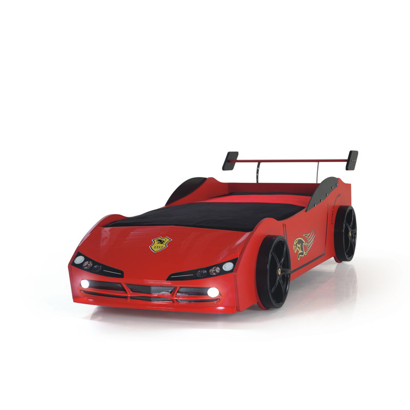 Aslyn Twin Race Car Bed, LED Lights, Spoiler, Red