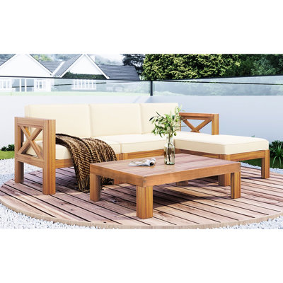 Ensemble de conversation modulaire à 5 patios, structure en bois, coussins beiges, résistance à l'eau et aux intempéries, pour profiter du temps à l'extérieur, aspect naturel, eau et environnement