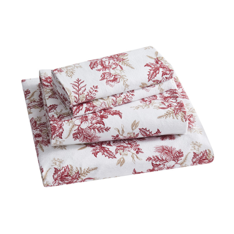 Full Red Floral Cotton Flannel Sheet Set