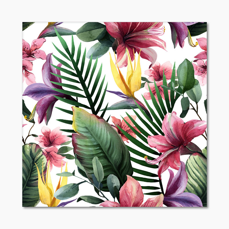 Fleurs tropicales rouges sur fond blanc II - reproduction d'art sur toile traditionnelle, H 36 po x l 36 po x P 1 po