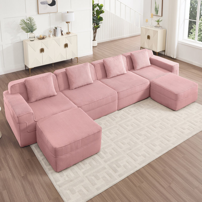 Velours côtelé rose en forme de U 4 places avec siège profond, coussins décoratifs et mousse à mémoire de forme très élastique pour un espace de jeu confortable
