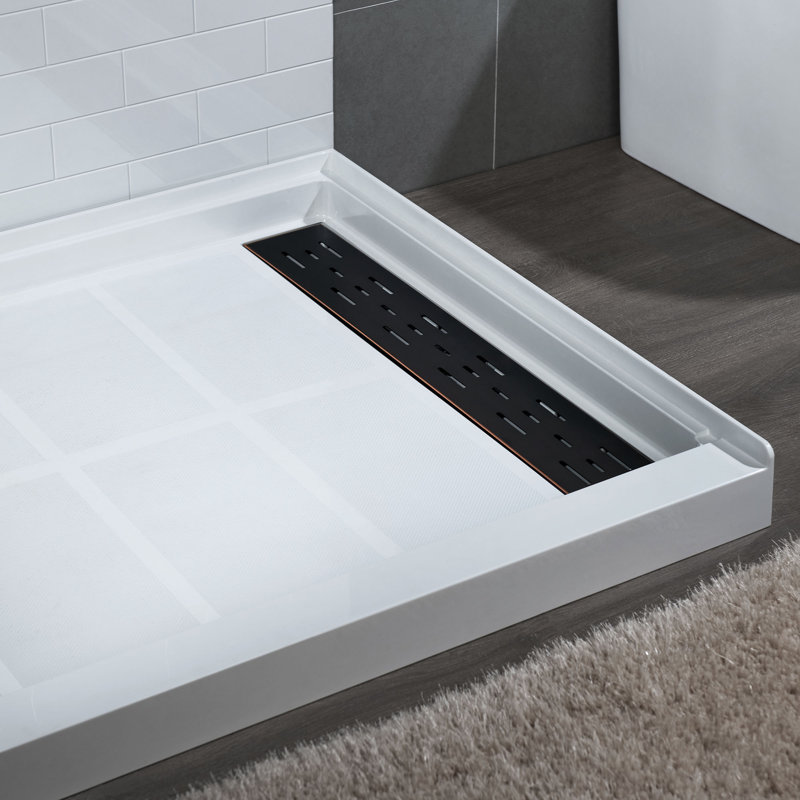 48" W x 32" D Solid Surface Single Threshold Shower Pan Base with Drain Assembly & Drain Cover Included, Non-Slip, Right