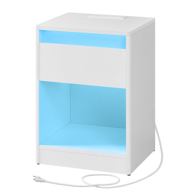 Side End Table With Adjustable Led Lights, White