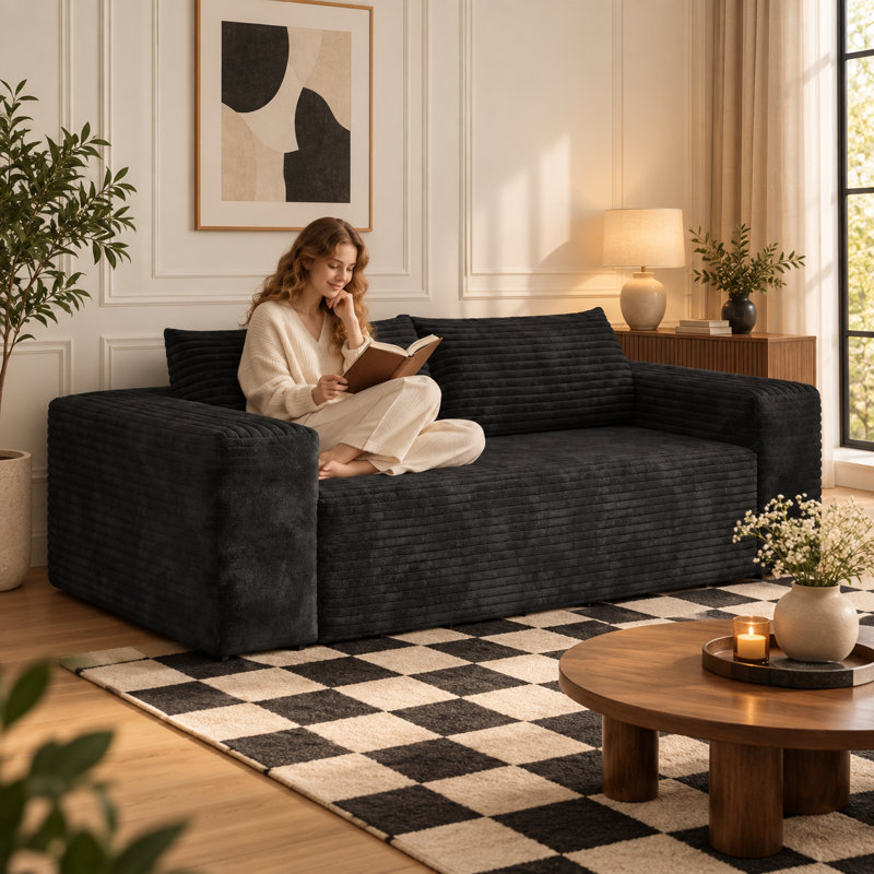 Canapé 3 places moderne de 200 cm (78,8 po) en velours côtelé doux, assise profonde et confortable, livré monté, idéal pour appartement, chambre ou bureau, noir.