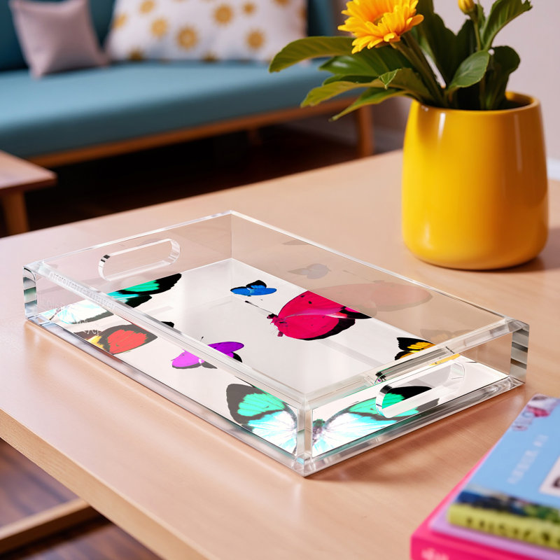 Butterflies Acrylic Decorative Tray, Acid Blue, 2" H x 18" W x 18" D