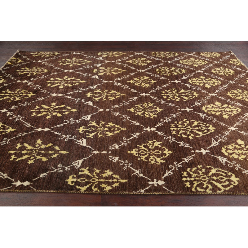 Tapis unique en laine noué à la main brun et doré nouvel âge 6 pi 6 po x 9 pi 2 po Gabbeh