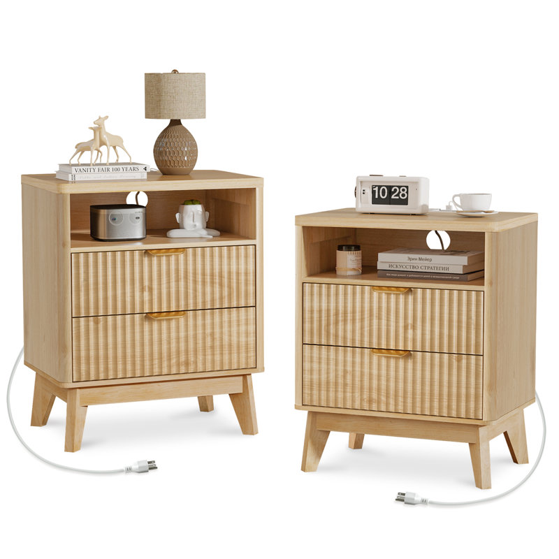 Nightstand Set of 2, Bed Side Table Set of 2 with Charging Station, Fluted Wood Night Stand, 25.4'' H X 19.69'' W X 14.96'' D