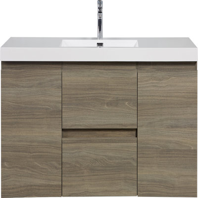 Meuble-lavabo mural de 60 po avec lavabo, meuble de rangement mural avec lavabo à surface solide et tiroirs à fermeture en douceur entièrement assemblés, gris cendré