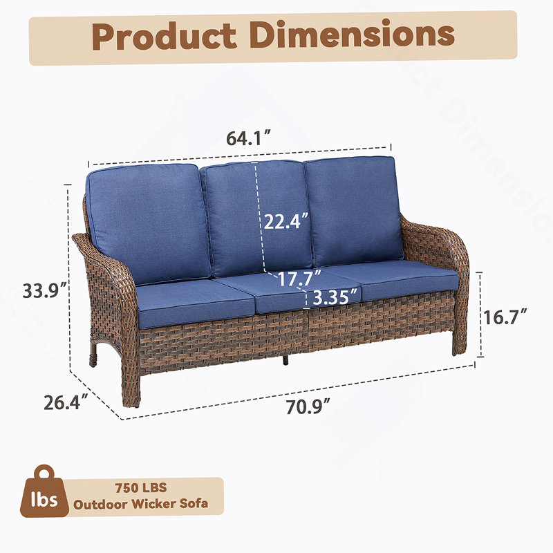 70.9 Inch PE Wicker Rattan Outdoor Furniture Set With Blue Deep Seat Cushions, Durable And Stylish For Patio And Garden Use