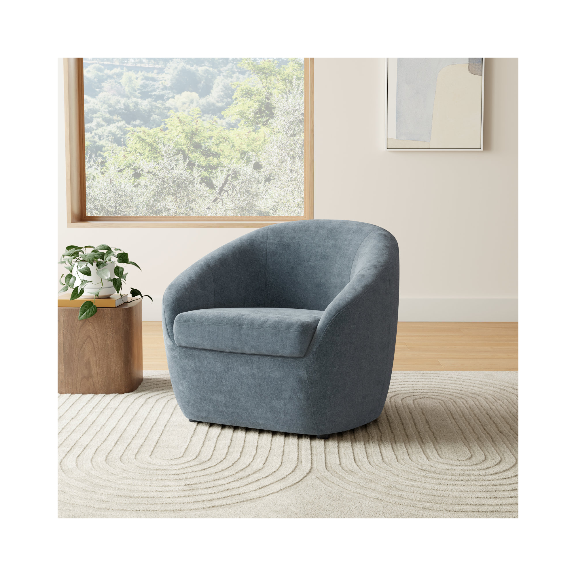 Stargazer Upholstered Barrel Chair, Blue Performance Chenille